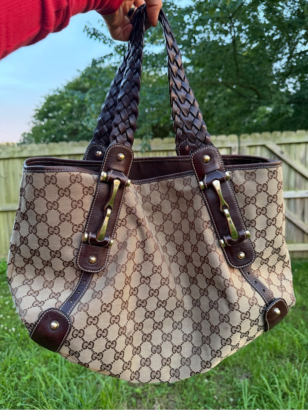 Gucci Brown GG Canvas Shoulder Bag with Dark Brown Leather